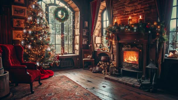 Șemineu Iarnă Crăciun Interior Înfățișare — Videoclip de stoc