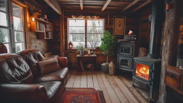 Winter Cabin Interior Cozy Fireplace Looped Footage — Stock Video