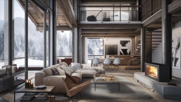 Winter Time Modern House Interior Nature Snowing Looped Footage — Stock Video