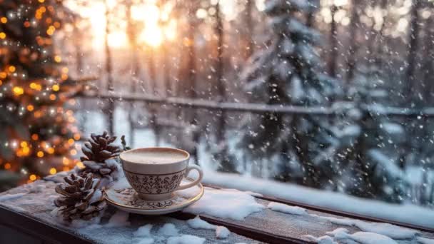Dampende Koffiebeker Achtergrond Gezellige Winter Cabine Balkon Met Uitzicht Natuur — Stockvideo