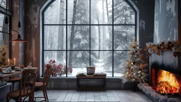 Przytulne Wnętrze Kawiarni Zimowej Kominkiem Świątecznym Zapętlone Nagrania — Wideo stockowe