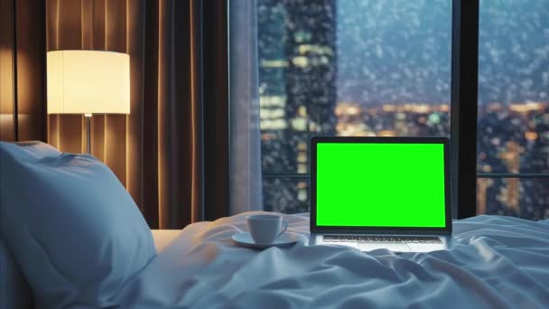 Laptop Vyměnitelnou Chroma Klíčovou Obrazovkou Apartmánové Ložnici Před Širokým Oknem — Stock video