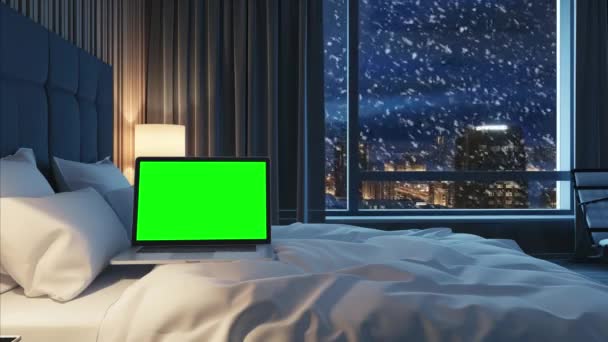 Laptop Replaceable Chroma Key Screen Apartment Bedroom Wide Window Winter — Stock Video