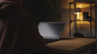 Karanlık oturma odasında oturan ve kablosuz bilgisayarda yazan kadının arka görüntüsü. Evden modern bilgisayarda geç saatlere kadar çalışan serbest çalışan bir kadın..