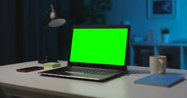 Akşam saatlerinde oturma odasında oturan ve modern bilgisayar kullanan bir kadının omuz manzarası. Masanın üzerinde duran krom tuşlu taşınabilir dizüstü bilgisayara odaklan.