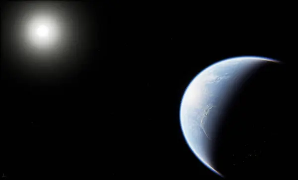 Göz kamaştırıcı bir uzay sahnesi Dünya 'nın hilal şeklindeki siluetini parlak bir nebula ve parlak bir yıldızın çarpıcı ışık efektleriyle bir yıldız sahasına karşı gösteriyor. Gezegenin ince mavi atmosferi kozmik arka planda parlıyor..