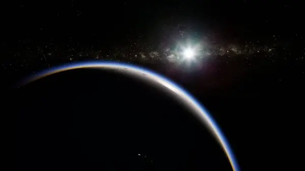 Göz kamaştırıcı bir uzay sahnesi Dünya 'nın hilal şeklindeki siluetini parlak bir nebula ve parlak bir yıldızın çarpıcı ışık efektleriyle bir yıldız sahasına karşı gösteriyor. Gezegenin ince mavi atmosferi kozmik arka planda parlıyor..