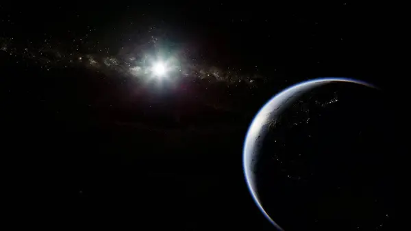 Göz kamaştırıcı bir uzay sahnesi Dünya 'nın hilal şeklindeki siluetini parlak bir nebula ve parlak bir yıldızın çarpıcı ışık efektleriyle bir yıldız sahasına karşı gösteriyor. Gezegenin ince mavi atmosferi kozmik arka planda parlıyor..