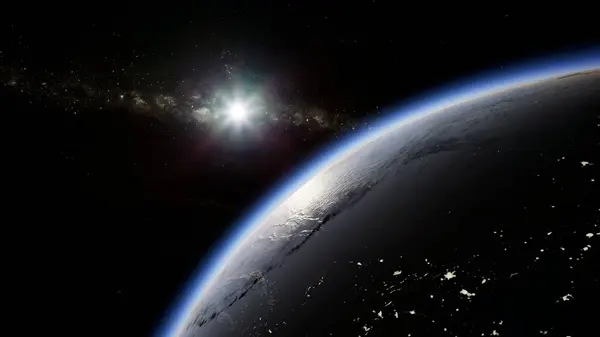 Göz kamaştırıcı bir uzay sahnesi Dünya 'nın hilal şeklindeki siluetini parlak bir nebula ve parlak bir yıldızın çarpıcı ışık efektleriyle bir yıldız sahasına karşı gösteriyor. Gezegenin ince mavi atmosferi kozmik arka planda parlıyor..