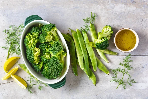 Conjunto Ingredientes Crudos Para Preparar Una Cena Vegetariana Saludable Brócoli — Foto de Stock