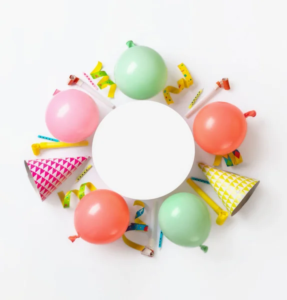 Abstract party decoration background top view. Frame of balloons and various party decorations
