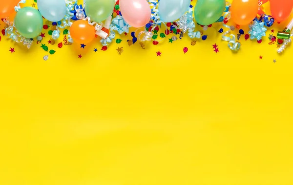 Birthday Background Top View Balloons Various Party Decorations Yellow Background — Stock Photo, Image