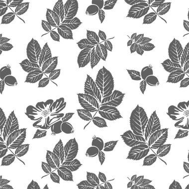 Tek renkli Rosehip, vektörde dikişsiz çiçek deseni. Şeffaf arka planda vektör olarak çiçek deseni. Gri renkte pürüzsüz tek renkli desenli ve çiçekli bir gül.