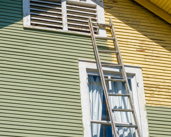 Ladder leaning against an historic house with one side freshly painted (green) and the other side not (yellow)