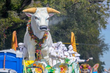 NEW ORLEANS, LA, ABD - 13 Şubat 2024: Boeuf Gras (şişmanlatılmış sığır eti) geçit töreni, kostümlü süvarilerle ve aşağıdaki kalabalıkla Uptown 'daki Rex Mardi Gras Geçit Töreni' nde