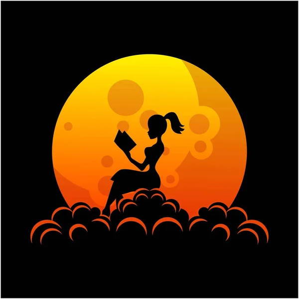 Ay 'da kitap okuyan bir kadının vektör çizimi