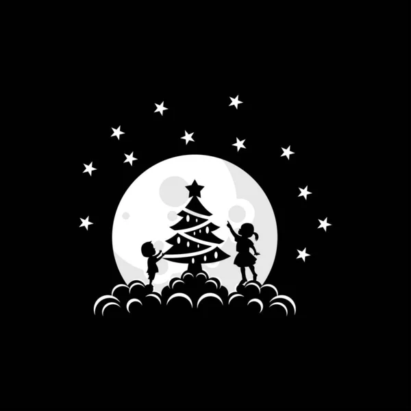 Ilustração Vetorial Uma Criança Decorando Uma Árvore Natal Lua —  Vetores de Stock