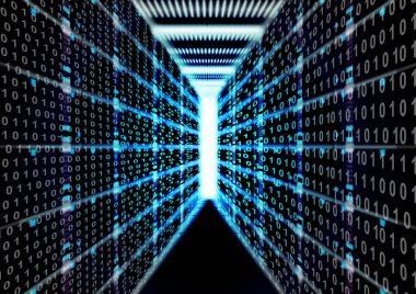 Veri merkezi odası, sunucular, bilgi aktarımının parlayan ışıkları, soyut büyük veri ve ağ, makine eğitimi, yapay zeka, veri depolama, dijital teknoloji örnekleme arkaplanı - mavi