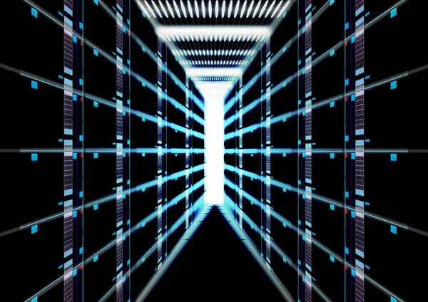 Data center room, servers, glowing lights of information transfer exchange, abstract big data and network, machine learning, artificial intelligence, datum storage, digital technology illustration background - in white and blue