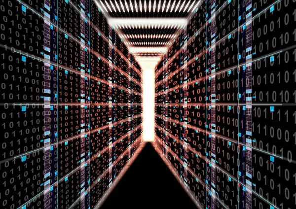 Data center room, servers, glowing lights of information transfer exchange, abstract big data and network, machine learning, artificial intelligence, datum storage, digital technology illustration background - in orange