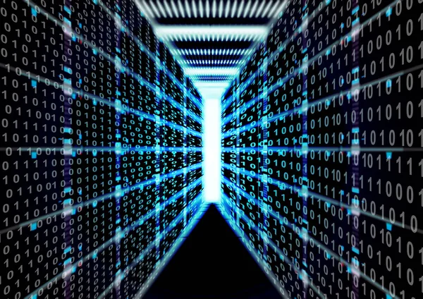 Data center room, servers, glowing lights of information transfer exchange, abstract big data and network, machine learning, artificial intelligence, datum storage, digital technology illustration background - in blue