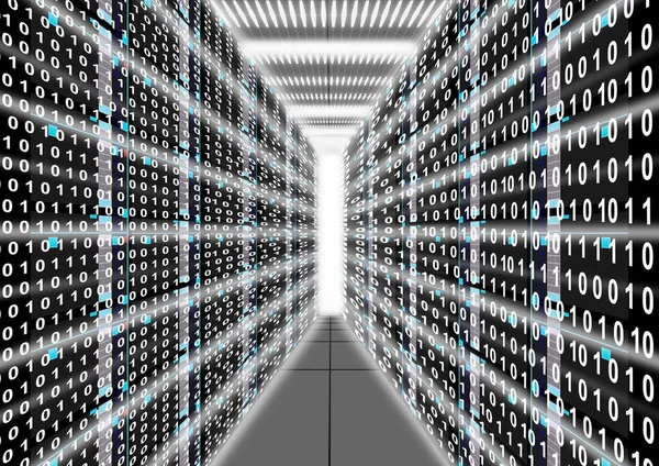 データセンタールーム サーバー 情報転送交換の光るライト 抽象的なビッグデータとネットワーク 機械学習 人工知能 データストレージ デジタル技術のイラストの背景 — ストック写真