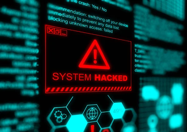 Warning of a system hacked in red. Computer popup box screen warning. Cyber, virus, malware attack concept.