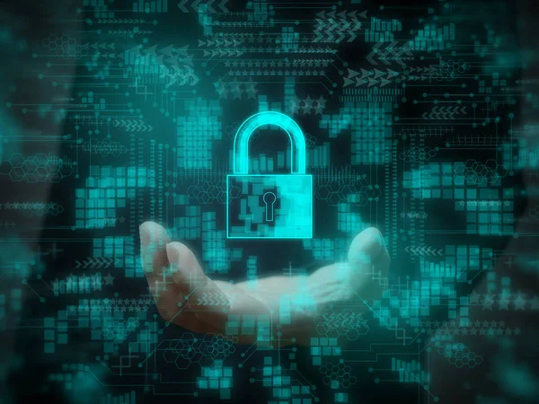 Digital Padlock Icon Businessman Hand Data Network Protection Virus Security — Stock Photo, Image
