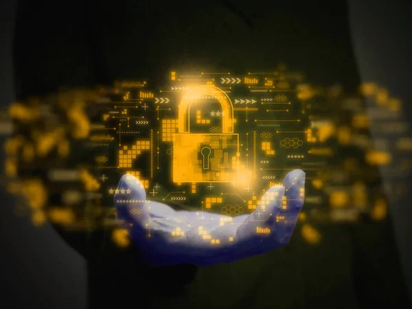 Glowing Digital Padlock Icon Businessman Hand Data Network Protection Virus — Stock Photo, Image