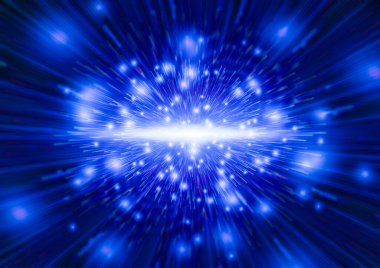 Mavi enerji teknik elementlerinin patlaması. Yıldız arkaplanlı patlama alanı. Bilinmeyen bir evrenin galaksisinde Büyük Patlama. Teknoloji, Bilim, Astronomi Konsepti