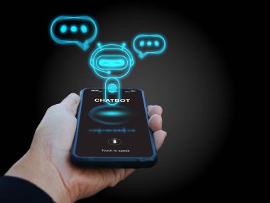 Digital chatbot, conversational agents, robot application, conversation assistant that mimic human speech. Hand holding smartphone with digital AI chatterbot on virtual screen for online information.  clipart
