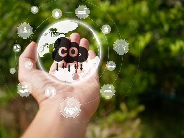 Co2排出量の概念を減らす 空気中の二酸化炭素を減らすのを助けるためにアイコンで地球を保持手 地球温暖化 持続可能な開発 グリーンビジネス — ストック写真