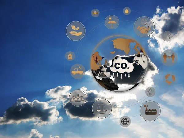 Reducir Concepto Emisiones Co2 Con Cielo Azul Fondo Muchos Iconos — Foto de Stock
