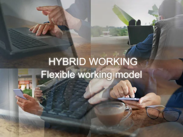 A man in hybrid work style to blend his time between working at an office and from several different places including home remotely.