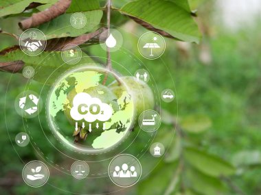 Arka planda yeşil meyveli karbondioksit emisyonu kavramını azalt. Havadaki karbondioksitin azaltılmasına yardımcı olan birçok simge. 