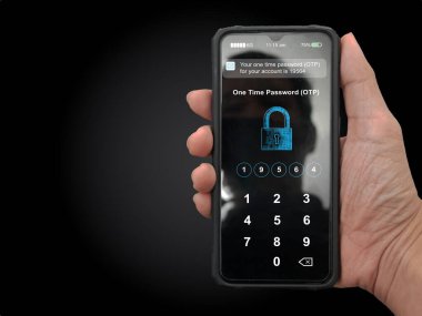 A hand holding a smartphone with filled up one time password for the validation process, Mobile OTP secure verification method, 2-Step authentication concept. clipart
