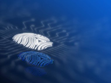 Glowing fingerprint in layers with an electronic circuit is ready to be scanned or activated for biometric authentication. Cybersecurity, fingerprint passwords, future technology, and cybernetics.