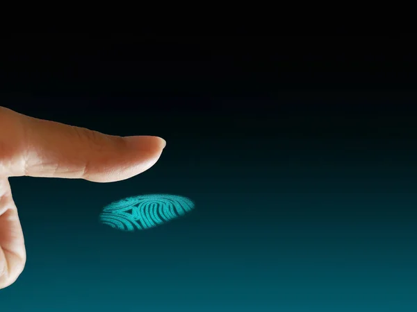 A finger is about to scan or activate the 3D fingerprint for biometric authentication. Cybersecurity, fingerprint passwords, future technology, and cybernetics.