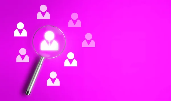 Magnifying glass on a potential personnel icon among many others. HRM or Human Resource Management. Human development and recruitment, leadership, and target group concept. pink color