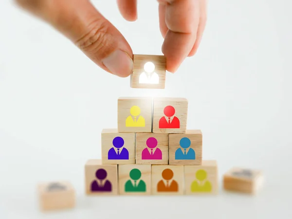 Hand Placing Wooden Block People Icon Many Others Putting Right — Stock Fotó