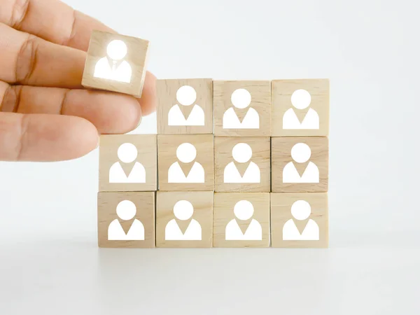 Hand Placing Wooden Block People Icon Many Others Putting Right — Stock Fotó