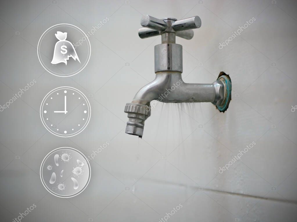 Leaking, broken, ruined water tap, valve in a bathroom with icons of its consequences losing