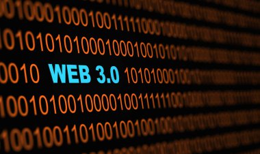 WEB 3 technology. Close-up of Binary codes on screen with WEB 3.0 word in it. A new era, the third generation, of the World Wide Web. 
