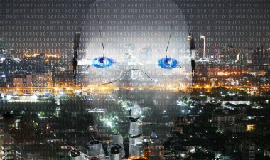 Yapay zeka, yapay zeka her yerde ve her yerde mevcut. Şehrin arka planındaki bir robot figürü. Dünyadaki herkes Ai teknolojisi kavramından faydalanabilir..
