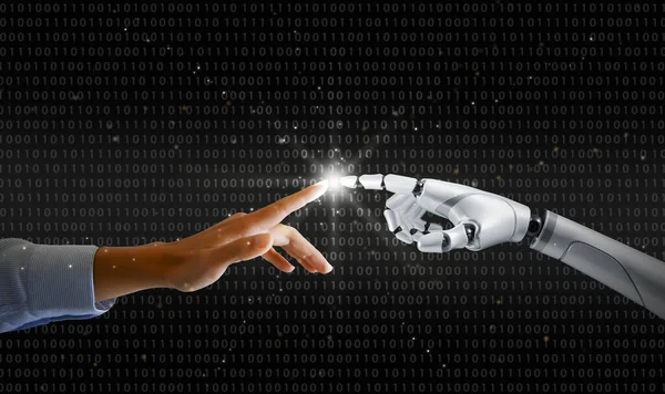 Robot and human hands touch and connect on binary code background. Smart AI, Machine learning, Chatbot concepts. Artificial Intelligence for science, education, business, innovation, and technology.