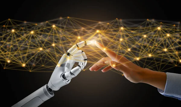 Robot and human hands touch and connect on binary code background. Smart AI, Machine learning, Chatbot. Artificial Intelligence for science, education, business, innovation, and technology.