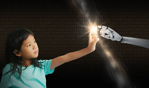 A robot and a girl\'s hands touch and connect on binary code background. Smart AI, Machine learning, Chatbot. Artificial Intelligence for science, education, business, innovation, and technology.