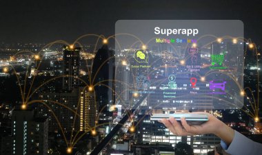 Elle, arka planda etkin ağ ile birden fazla hizmeti bir durak servisi olarak sunan sanal süper uygulama ekranlı bir akıllı telefonu tutar