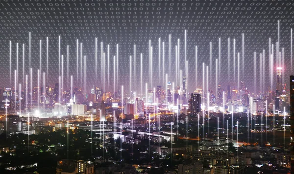A city covered by binary code with cellular signal everywhere sending into the network. Wireless network and Connection technology concept