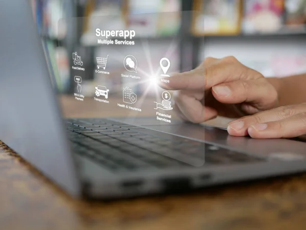 Finger activates a virtual screen of superapp on computer notebook or laptop that serves multiple services as a one stop service